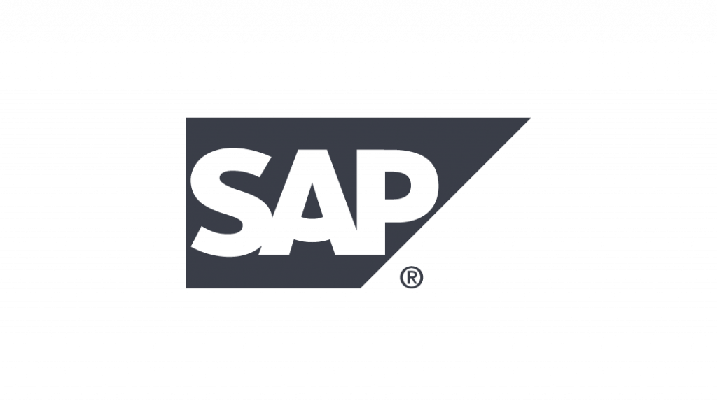 SAP logo featuring the letters "SAP" in bold white type within a dark blue rectangle tilted to the right with a cut-off corner, set against a light gray background—perfect for branding the MaxBrain integration.