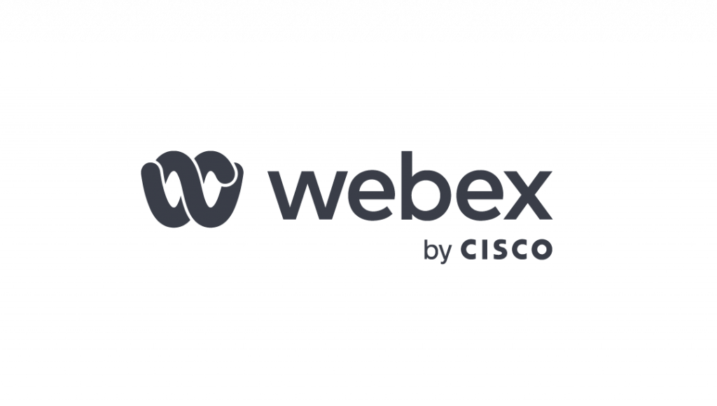 The Webex by Cisco logo on a light gray background, featuring a dark, stylized "w" symbol to the left of the words "webex by CISCO" in a modern, bold font, highlighting the integration with MaxBrain.