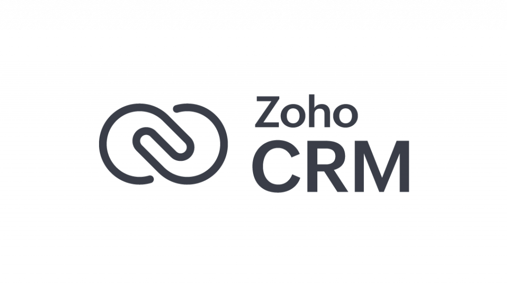 The Zoho CRM logo features an abstract, intertwined loop symbol next to the text "Zoho CRM" in bold, dark letters on a light gray background, highlighting its integration with MaxBrain to boost productivity.