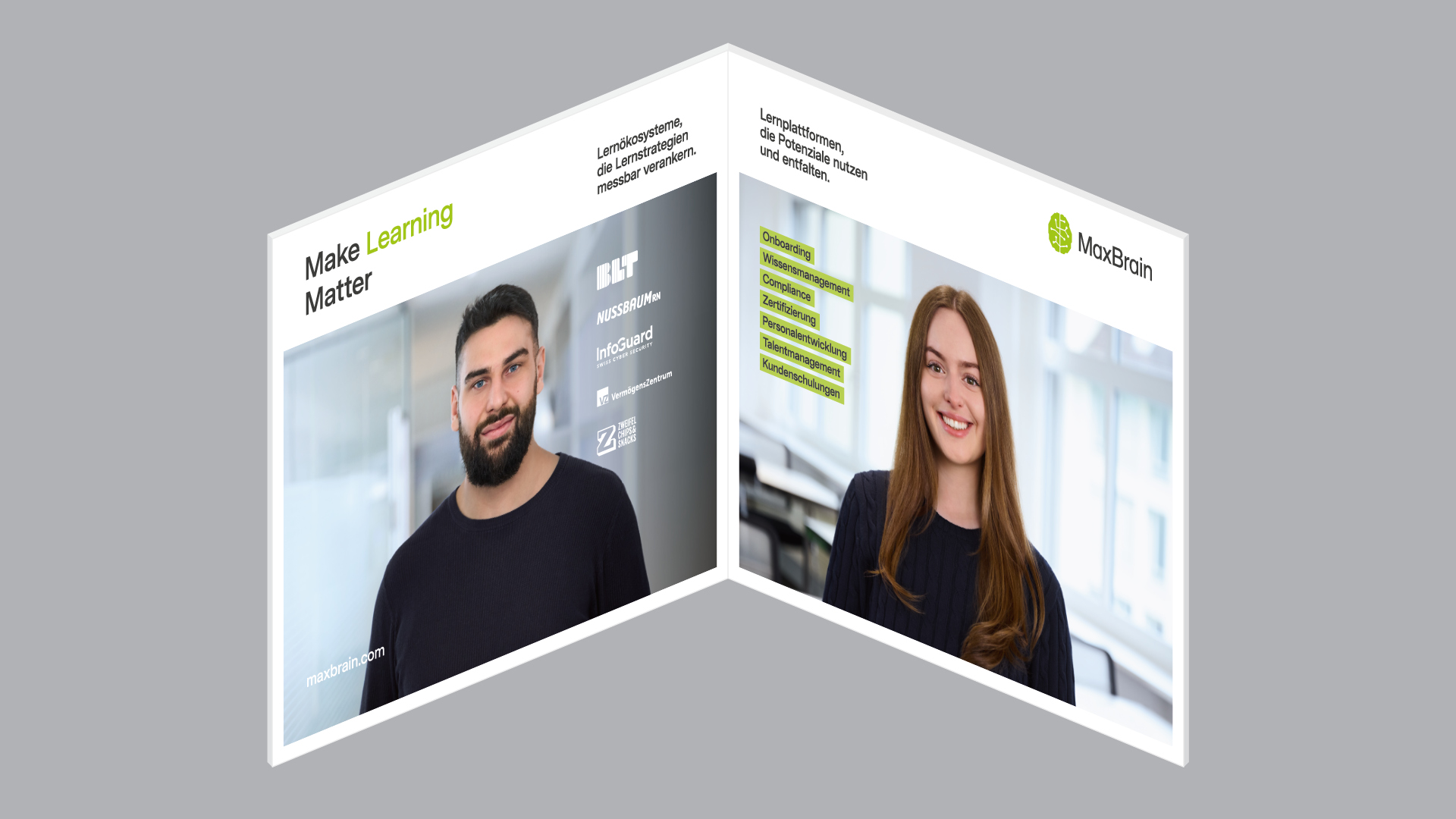 An open brochure shows a bearded man on the left-hand page and a smiling woman on the right-hand page. The modern, bright design features the slogan "Make Learning Matter" alongside the MaxBrain branding and engaging, learning-focused content.