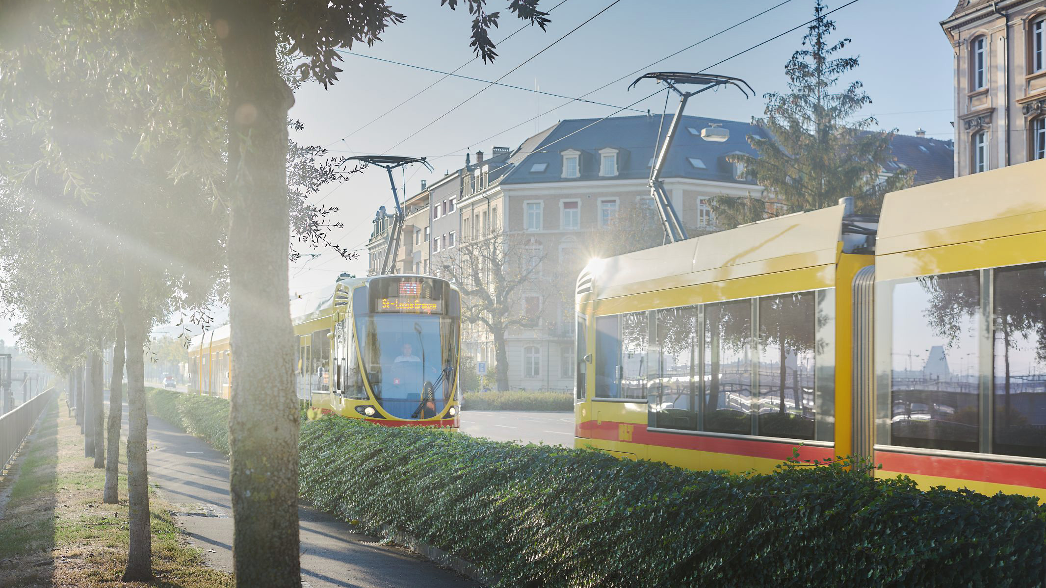 BLT Baselland trams run in the city