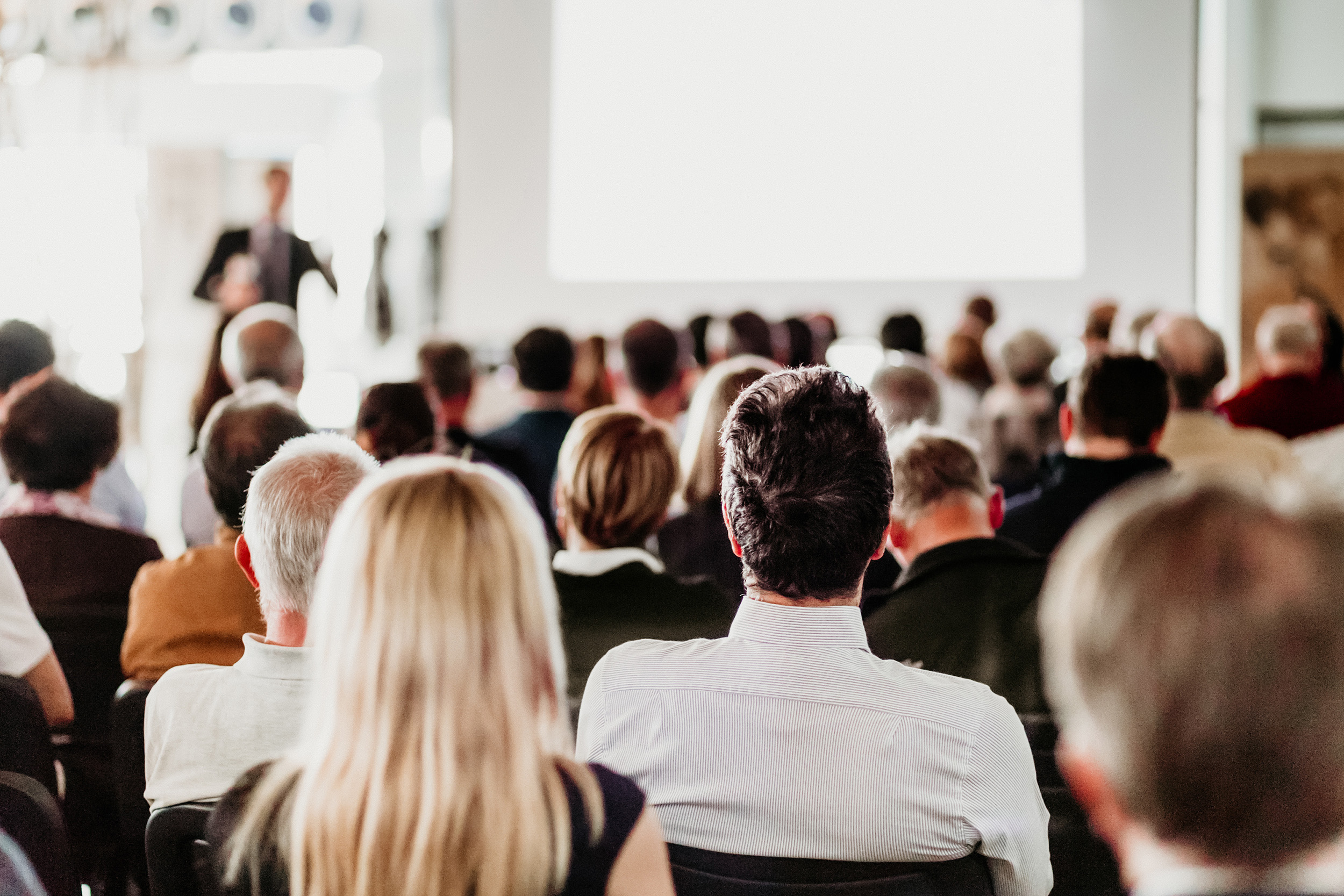 A group of listeners is sitting in a room, looking at a bright screen on which a MaxBrain presenter is giving a lecture. The photo was taken from behind, so the backs of the listeners' heads are in focus.